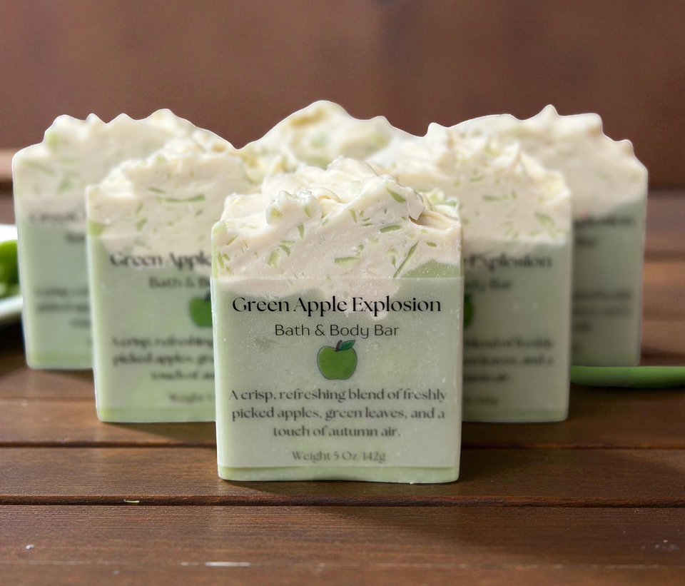 Green Apple Explosion bath and body bars on a wooden surface